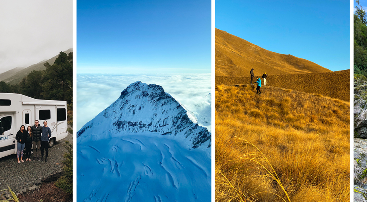 collage of four images of new zealand vistas campervan, mountain, hiking and river