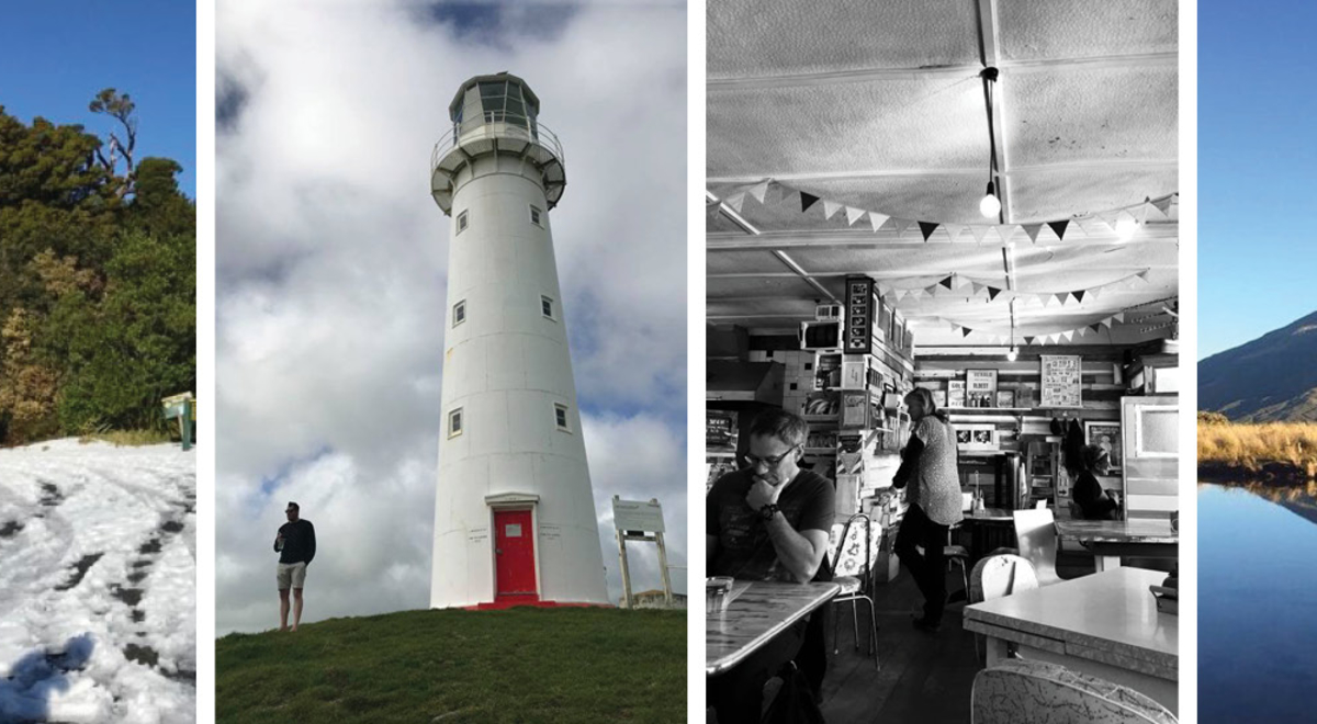 A man stands by fresh snow / a lighthouse / people in a retro cafe / A mountain over the sea