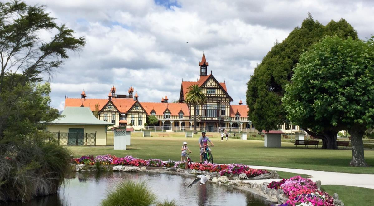 Father and child bike riding in Rotorua park