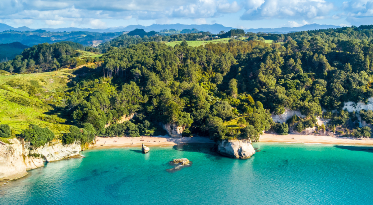 Aerial view of Cathedral Cove and surrounding bays