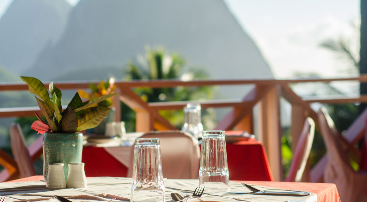 A restaurant in Saint Lucia with views of the Pitons