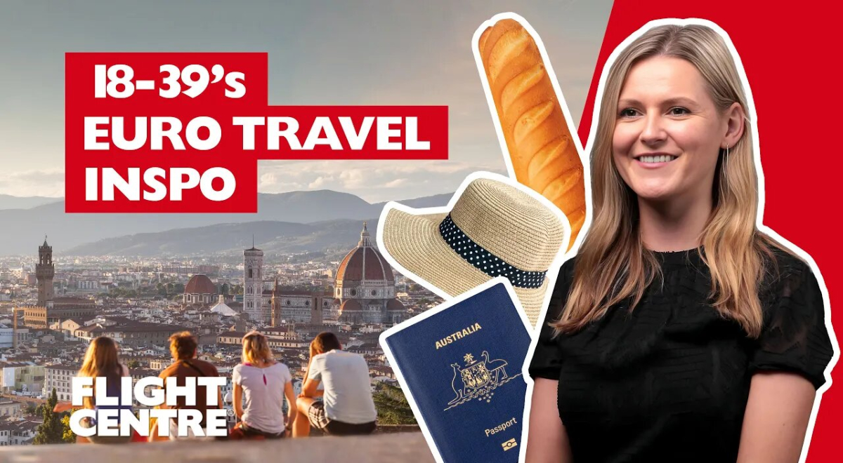 Woman sitting next to baguette, hat and passport in Europe