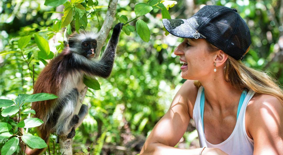 Woman wearing white shirt and black hat interacting with animal