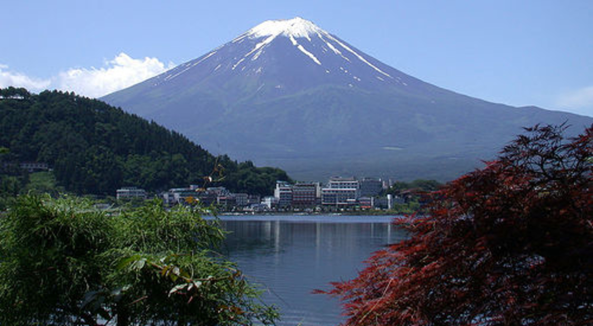 A view of a lake and snow-capped mountain