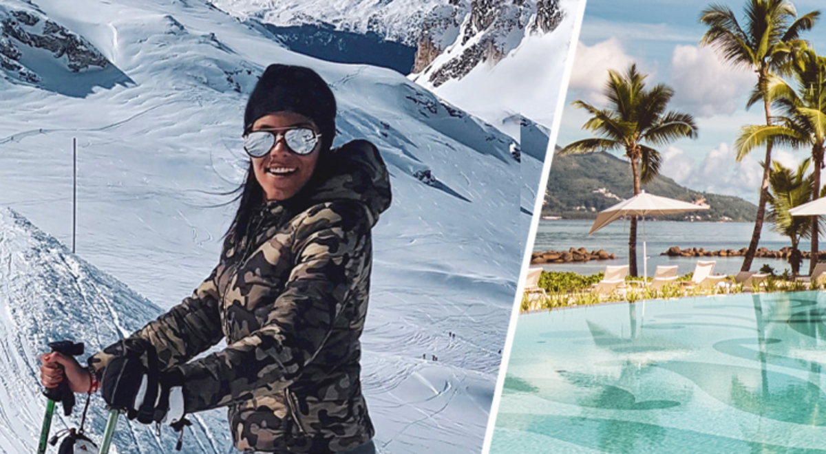 Contains two images of  a woman skiing and a resort style lagoon pool 