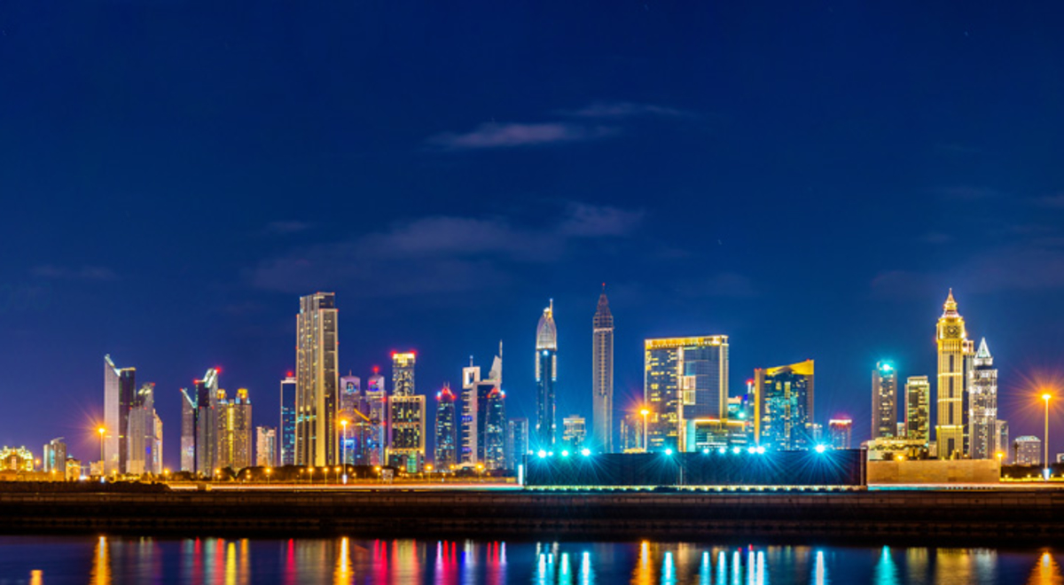 A panorama of the Dubai city skyline at night