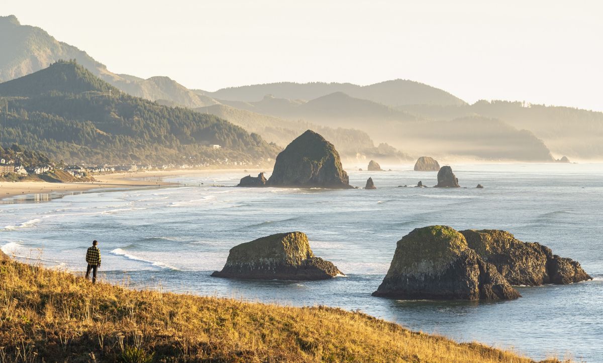 Man stands on the shore and admires the ocean