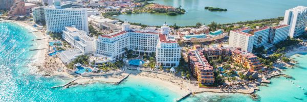 Overhead shot of Cancun - tall hotel buildings on a thin island