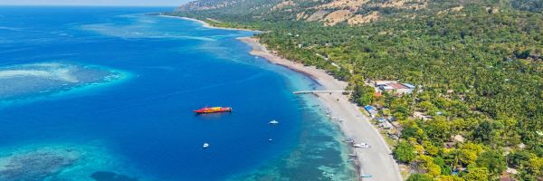 Aerial view of East Timor's coastline with vivid blue waters lapping a palm-fringed beach beneath rugged mountain hills