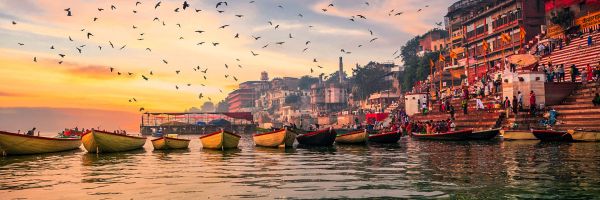 Rowboats at an Indian dock with hundreds of birds circling overhead