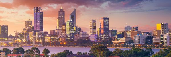 Perth city skyline under a stormy sunset