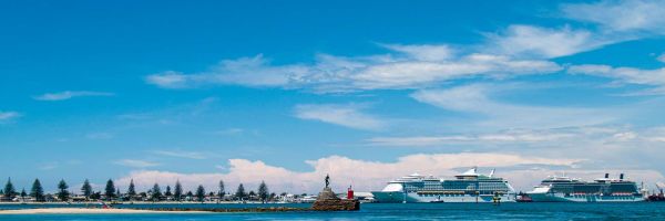Cruise ships docked in the distance