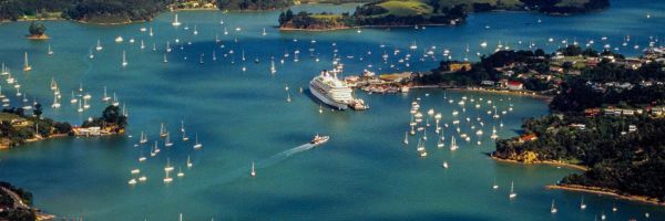 Aerial shot of harbour with large cruise ship surrounded by smaller boats