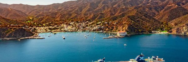 Aerial shot of Celebrity Millennium in California surrounded by mountainous landscapes