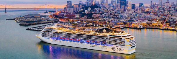 MSC cruise ship docked near city