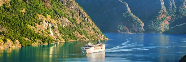 Cruise ship travelling through mountain range
