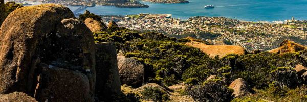 Image from a hike outlook of water and mountain ranges