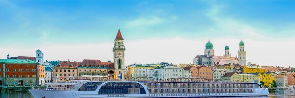 Ship travelling along European river