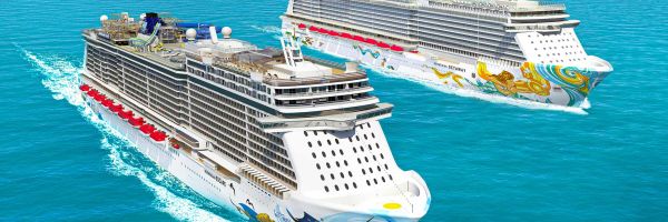 Render of two cruise ships in middle of ocean