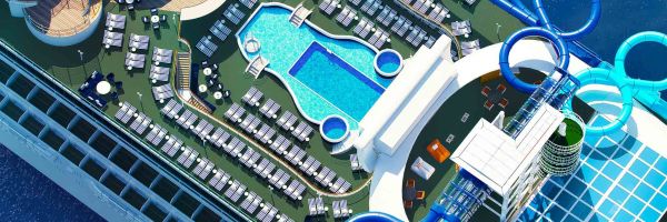 Drone shot of cruise ship top deck with slides