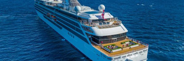 Viking cruise ship sailing towards glaciers