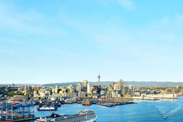 Cruise ship sailing past the city of Auckland, New Zealand