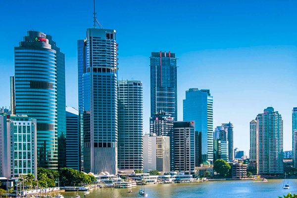 Brisbane city with a view of the river, framed by pink-red flowers