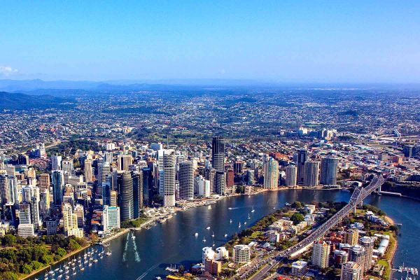 Sky shot of Brisbane river and the surrounding city