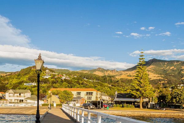 Board walk with mountains in background