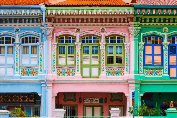 Blue, pink and green houses