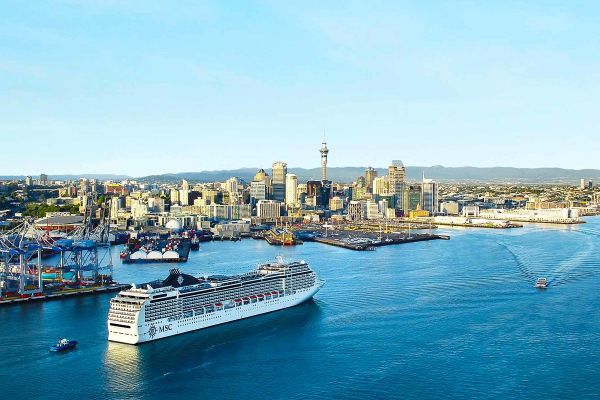 Cruise ship sailing past the city of Auckland, New Zealand