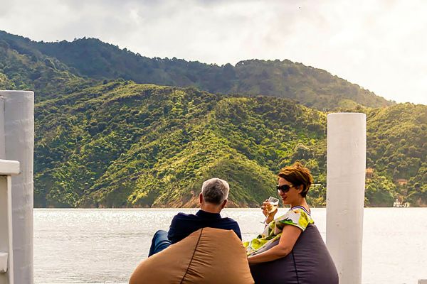 Sitting in beanbags on jetty