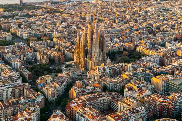 Drone shot of traditional Spanish buildings in Barcelona