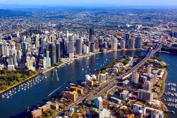 Sky shot of Brisbane river and the surrounding city