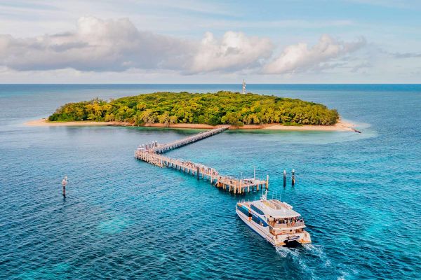 Ferry arriving at the port of a small, forested island
