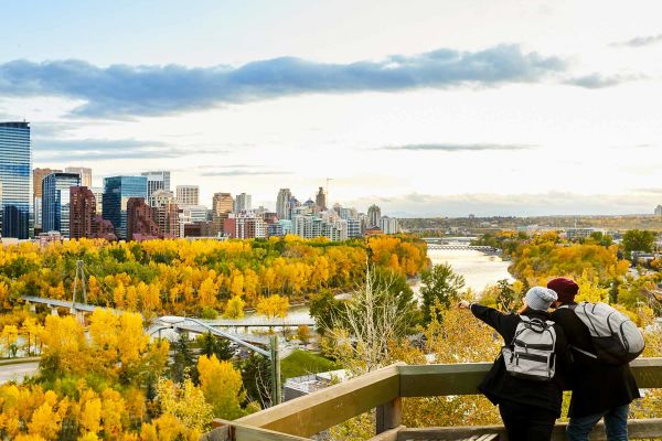 Two people on a viewing platform overlooking trees during autumn