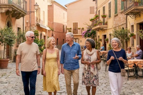 Five travellers laughing together as they stroll through a charming cobblestone village lined with cafes balconies and historic buildings