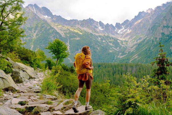 Woman hiking looking out at a forest framed by tall mountains