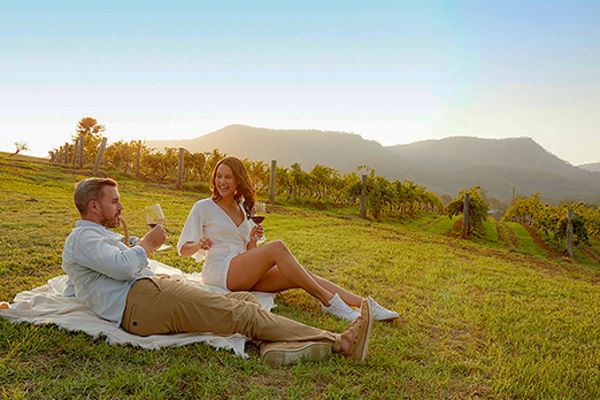 Couple drinking wine in a vineyard