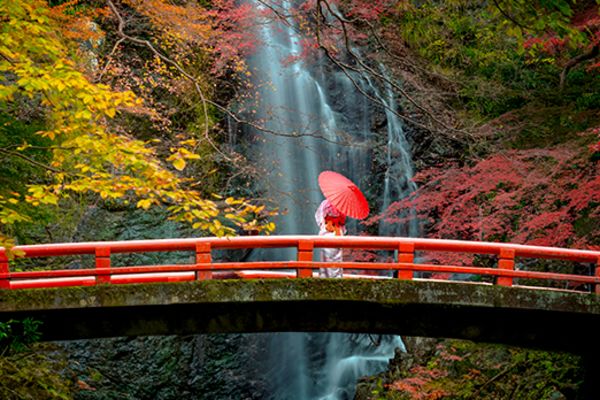 lady on bridge near waterfall with red umbrella