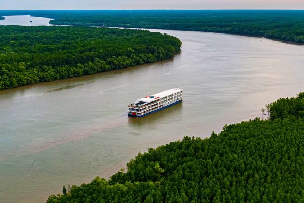 River ship cruising down the Mekong River