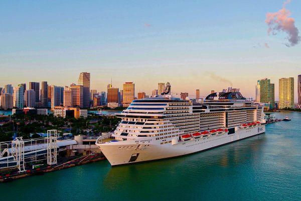 Cruise ship with city in background