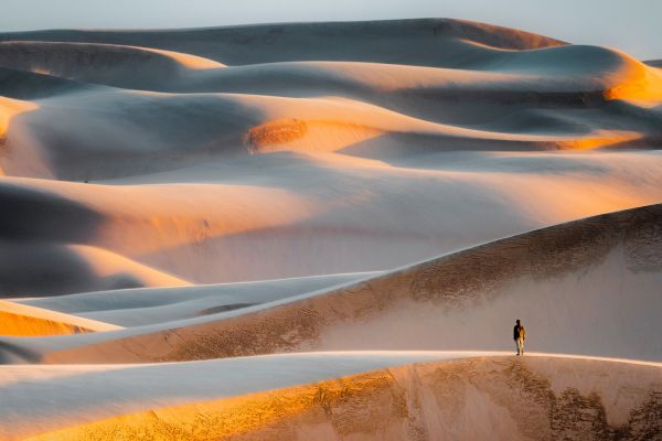 Wide shot of rolling sand dunes under a sunset