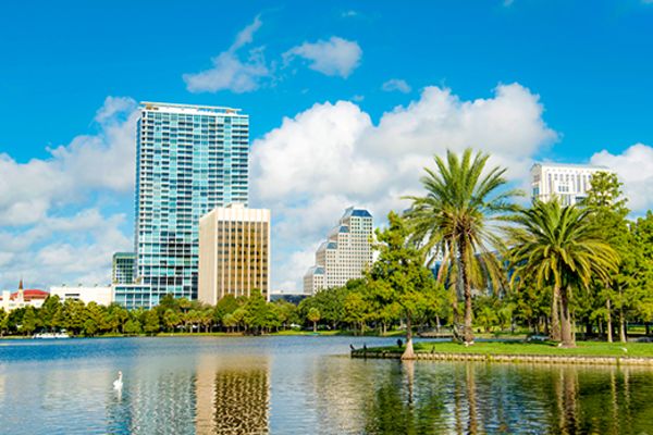 View of hotels and apartments from a river