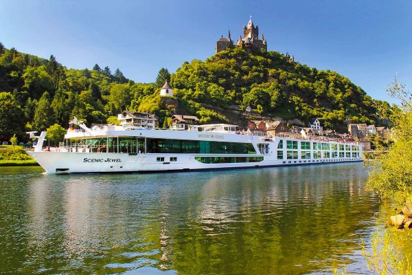 Scenic ship cruising down the Rhine river