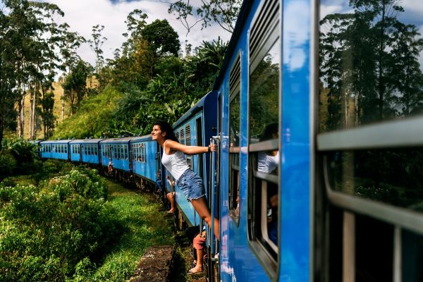 People sticking out of a blue train going through a jungle in Sri Lanka