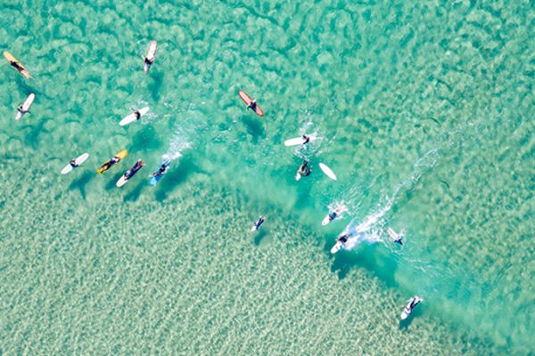 Overhead shot of people surfing in clear, teal water