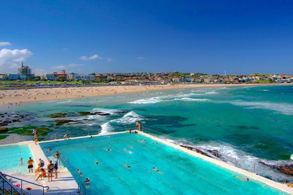 Wide shot of a pool overlooking the ocean