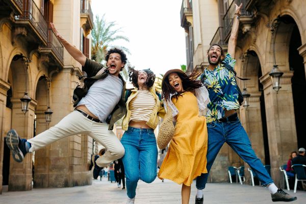 Group of four friends in Europe