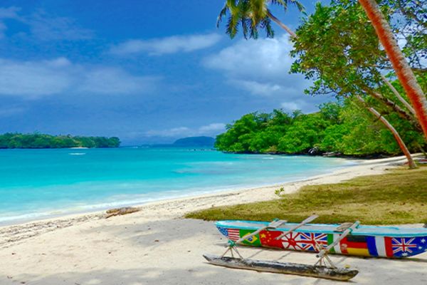 Canoe covered in flags on a beach